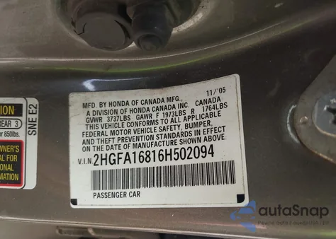 2006 Honda Civic Ex из США, поврежденный, VIN 2HGFA16816H502094